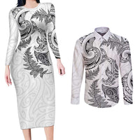 New Zealand Sea Animals with Maori Tribal Tattoo Couples Matching Long Sleeve Bodycon Dress and Long Sleeve Button Shirt Shark Manta Ray with Silver Fern White LT03 White - Polynesian Pride