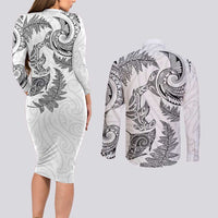 New Zealand Sea Animals with Maori Tribal Tattoo Couples Matching Long Sleeve Bodycon Dress and Long Sleeve Button Shirt Shark Manta Ray with Silver Fern White LT03 - Polynesian Pride