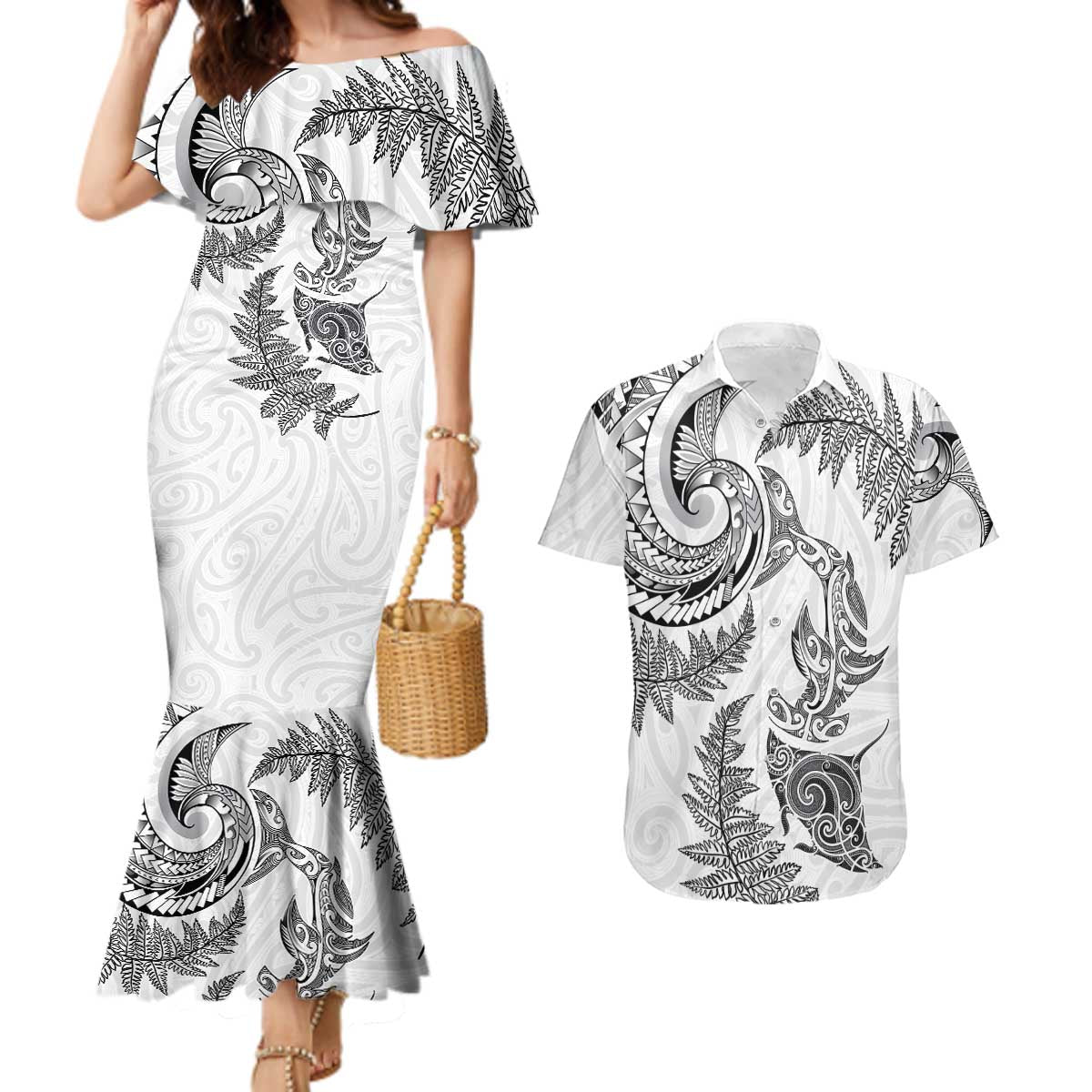 New Zealand Sea Animals with Maori Tribal Tattoo Couples Matching Mermaid Dress and Hawaiian Shirt Shark Manta Ray with Silver Fern White LT03 White - Polynesian Pride