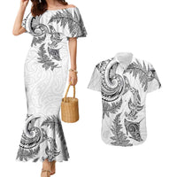 New Zealand Sea Animals with Maori Tribal Tattoo Couples Matching Mermaid Dress and Hawaiian Shirt Shark Manta Ray with Silver Fern White LT03 White - Polynesian Pride