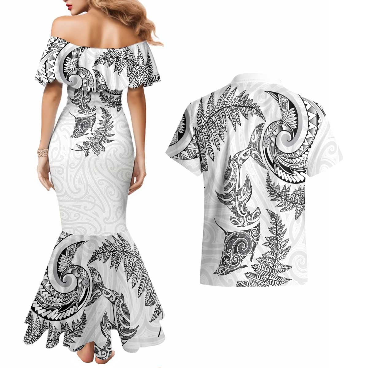 New Zealand Sea Animals with Maori Tribal Tattoo Couples Matching Mermaid Dress and Hawaiian Shirt Shark Manta Ray with Silver Fern White LT03 - Polynesian Pride
