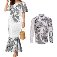 New Zealand Sea Animals with Maori Tribal Tattoo Couples Matching Mermaid Dress and Long Sleeve Button Shirt Shark Manta Ray with Silver Fern White