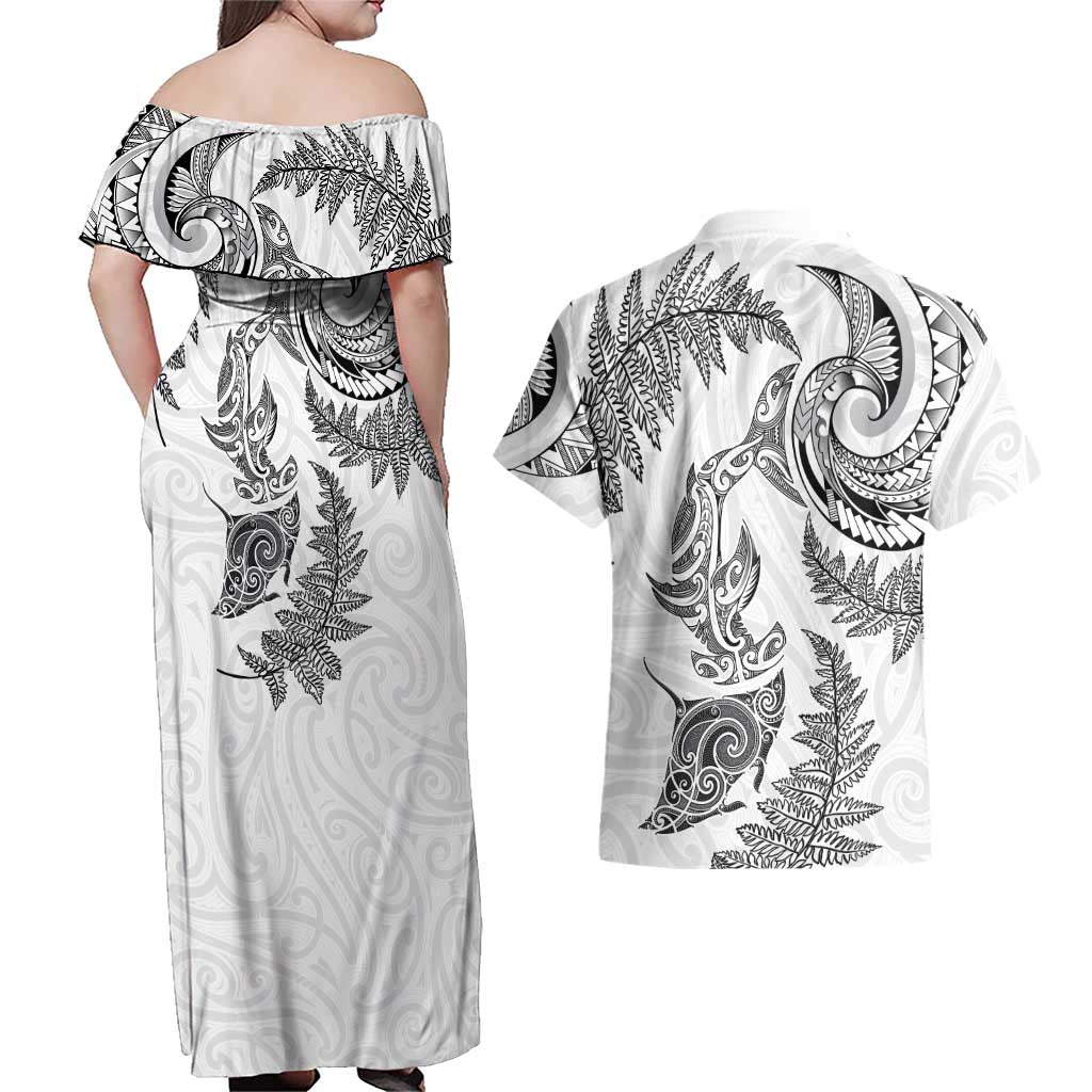 New Zealand Sea Animals with Maori Tribal Tattoo Couples Matching Off Shoulder Maxi Dress and Hawaiian Shirt Shark Manta Ray with Silver Fern White LT03 - Polynesian Pride
