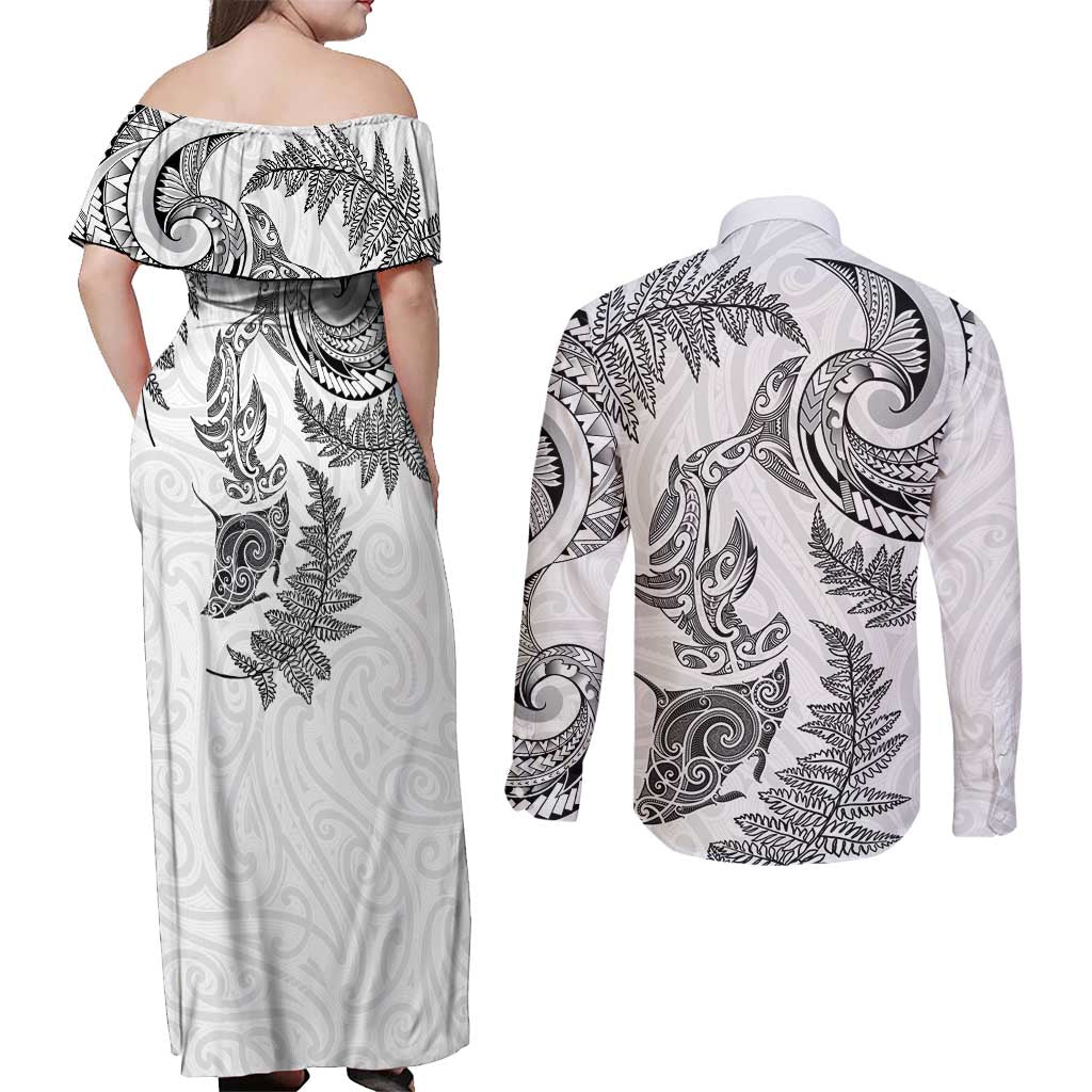 New Zealand Sea Animals with Maori Tribal Tattoo Couples Matching Off Shoulder Maxi Dress and Long Sleeve Button Shirt Shark Manta Ray with Silver Fern White