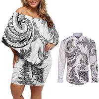 New Zealand Sea Animals with Maori Tribal Tattoo Couples Matching Off Shoulder Short Dress and Long Sleeve Button Shirt Shark Manta Ray with Silver Fern White