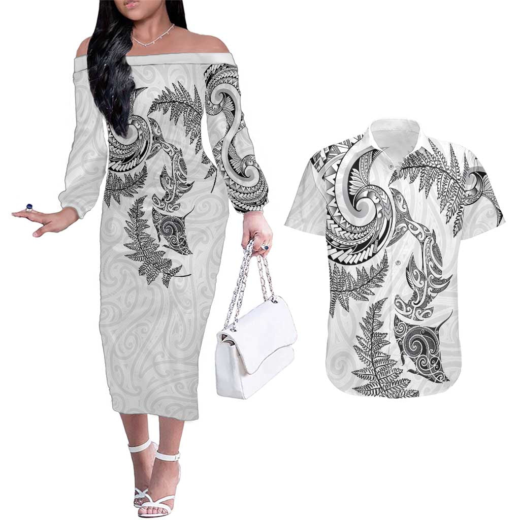 New Zealand Sea Animals with Maori Tribal Tattoo Couples Matching Off The Shoulder Long Sleeve Dress and Hawaiian Shirt Shark Manta Ray with Silver Fern White