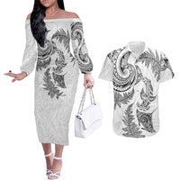 New Zealand Sea Animals with Maori Tribal Tattoo Couples Matching Off The Shoulder Long Sleeve Dress and Hawaiian Shirt Shark Manta Ray with Silver Fern White