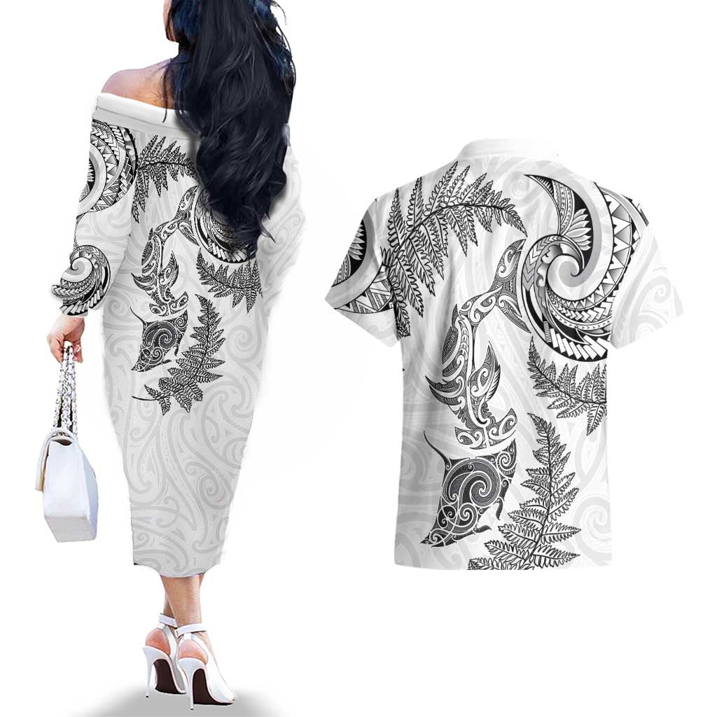 New Zealand Sea Animals with Maori Tribal Tattoo Couples Matching Off The Shoulder Long Sleeve Dress and Hawaiian Shirt Shark Manta Ray with Silver Fern White