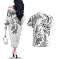 New Zealand Sea Animals with Maori Tribal Tattoo Couples Matching Off The Shoulder Long Sleeve Dress and Hawaiian Shirt Shark Manta Ray with Silver Fern White