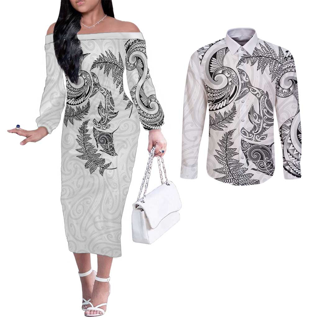New Zealand Sea Animals with Maori Tribal Tattoo Couples Matching Off The Shoulder Long Sleeve Dress and Long Sleeve Button Shirt Shark Manta Ray with Silver Fern White LT03 White - Polynesian Pride