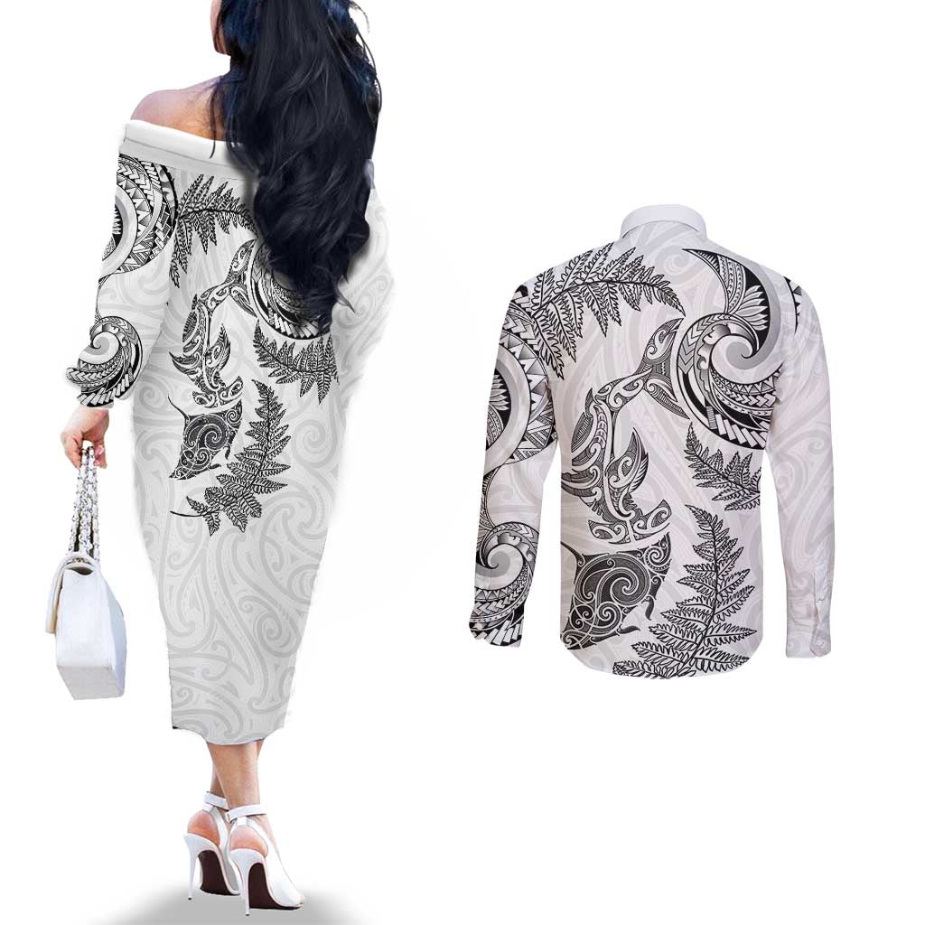 New Zealand Sea Animals with Maori Tribal Tattoo Couples Matching Off The Shoulder Long Sleeve Dress and Long Sleeve Button Shirt Shark Manta Ray with Silver Fern White LT03 - Polynesian Pride