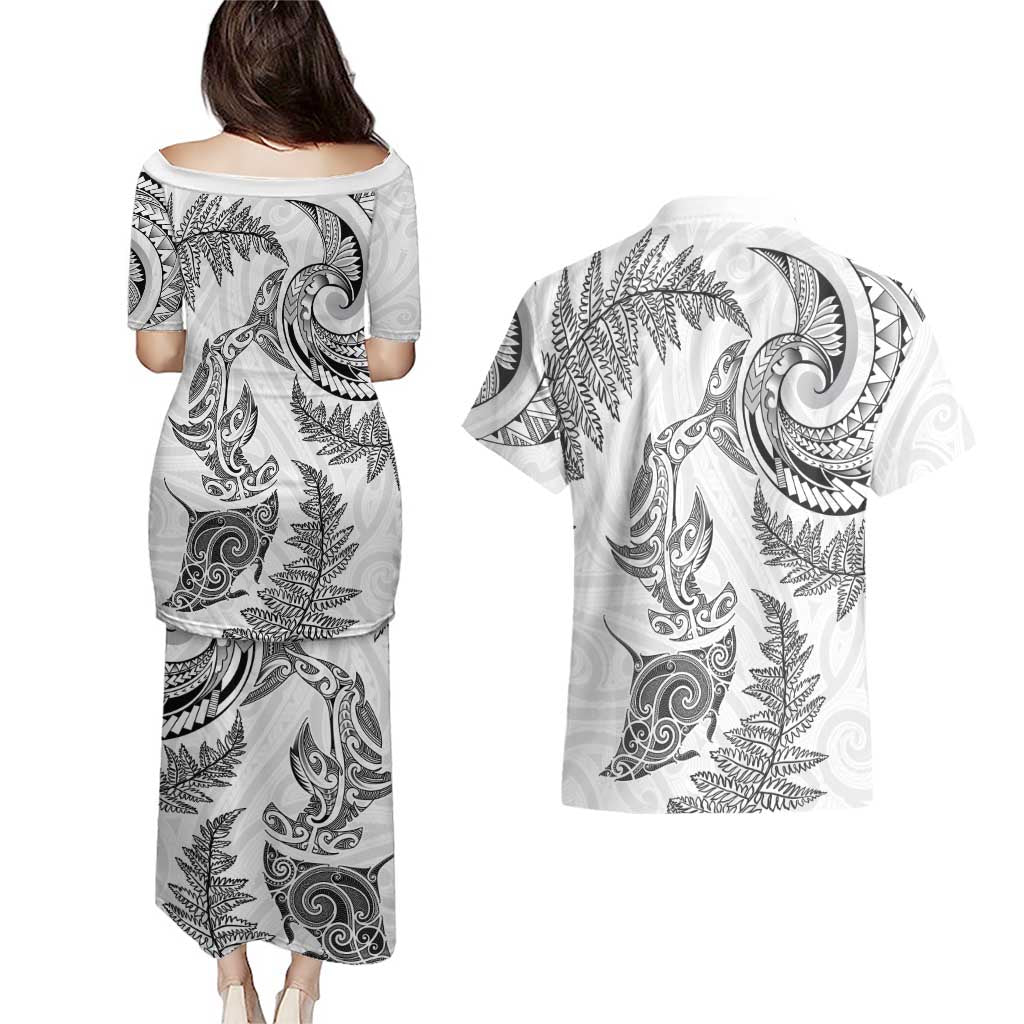 New Zealand Sea Animals with Maori Tribal Tattoo Couples Matching Puletasi and Hawaiian Shirt Shark Manta Ray with Silver Fern White