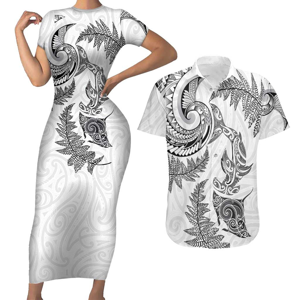 New Zealand Sea Animals with Maori Tribal Tattoo Couples Matching Short Sleeve Bodycon Dress and Hawaiian Shirt Shark Manta Ray with Silver Fern White LT03 White - Polynesian Pride