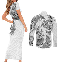 New Zealand Sea Animals with Maori Tribal Tattoo Couples Matching Short Sleeve Bodycon Dress and Long Sleeve Button Shirt Shark Manta Ray with Silver Fern White