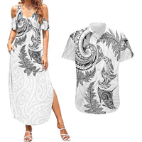 New Zealand Sea Animals with Maori Tribal Tattoo Couples Matching Summer Maxi Dress and Hawaiian Shirt Shark Manta Ray with Silver Fern White LT03 White - Polynesian Pride