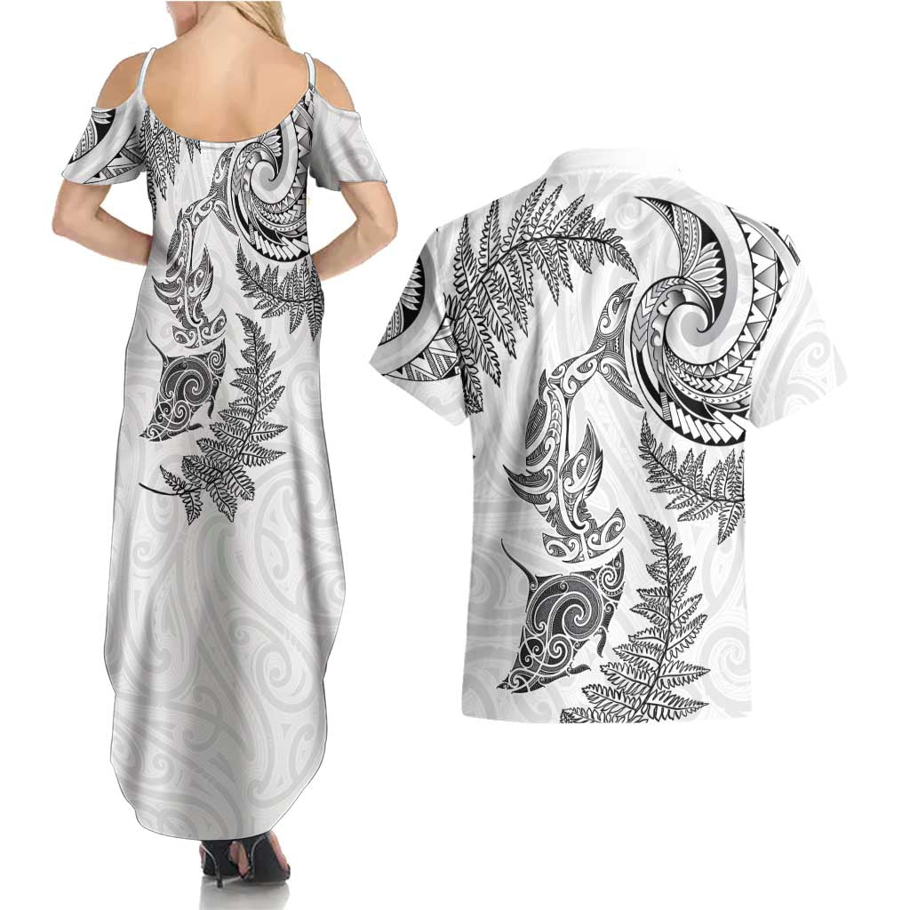 New Zealand Sea Animals with Maori Tribal Tattoo Couples Matching Summer Maxi Dress and Hawaiian Shirt Shark Manta Ray with Silver Fern White LT03 - Polynesian Pride