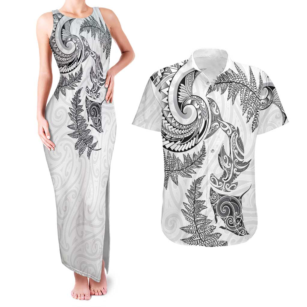 New Zealand Sea Animals with Maori Tribal Tattoo Couples Matching Tank Maxi Dress and Hawaiian Shirt Shark Manta Ray with Silver Fern White