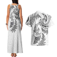New Zealand Sea Animals with Maori Tribal Tattoo Couples Matching Tank Maxi Dress and Hawaiian Shirt Shark Manta Ray with Silver Fern White