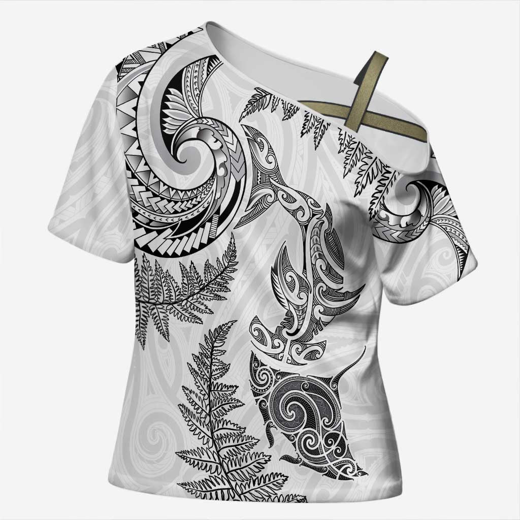 New Zealand Sea Animals with Maori Tribal Tattoo Cross Shoulder Shirt Shark Manta Ray with Silver Fern White