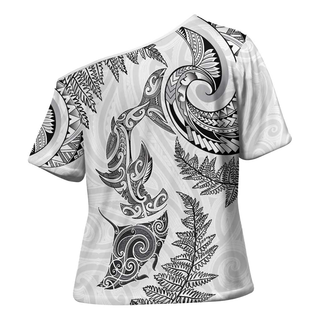 New Zealand Sea Animals with Maori Tribal Tattoo Cross Shoulder Shirt Shark Manta Ray with Silver Fern White