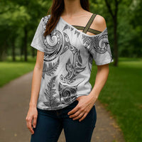 New Zealand Sea Animals with Maori Tribal Tattoo Cross Shoulder Shirt Shark Manta Ray with Silver Fern White