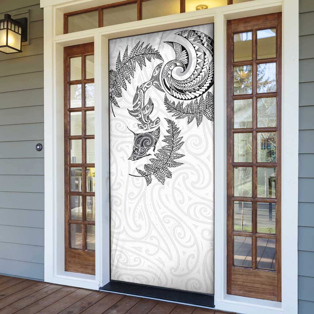 New Zealand Sea Animals with Maori Tribal Tattoo Door Cover Shark Manta Ray with Silver Fern White LT03 - Polynesian Pride