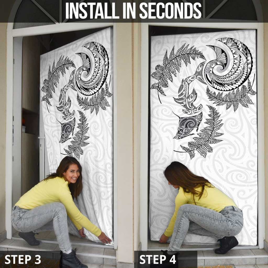 New Zealand Sea Animals with Maori Tribal Tattoo Door Cover Shark Manta Ray with Silver Fern White LT03 - Polynesian Pride