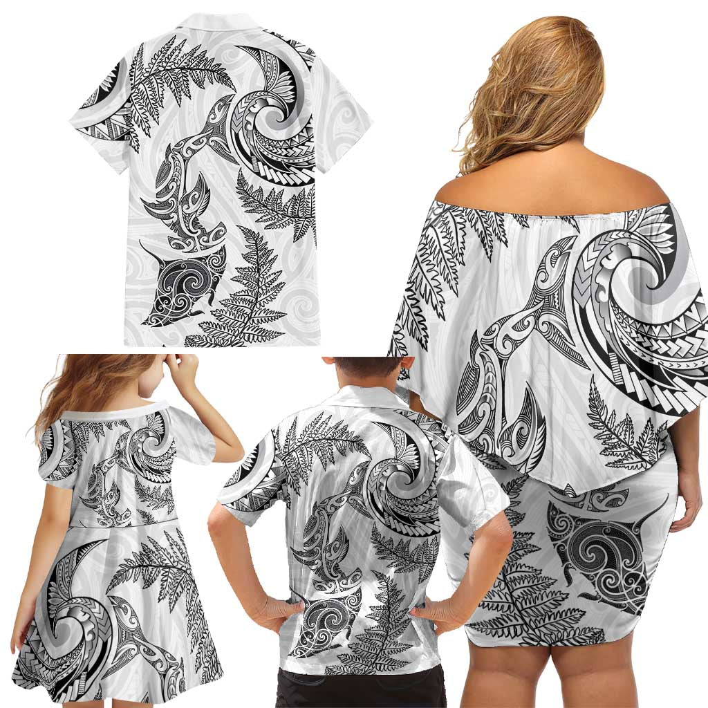 New Zealand Sea Animals with Maori Tribal Tattoo Family Matching Off Shoulder Short Dress and Hawaiian Shirt Shark Manta Ray with Silver Fern White