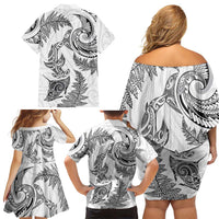 New Zealand Sea Animals with Maori Tribal Tattoo Family Matching Off Shoulder Short Dress and Hawaiian Shirt Shark Manta Ray with Silver Fern White