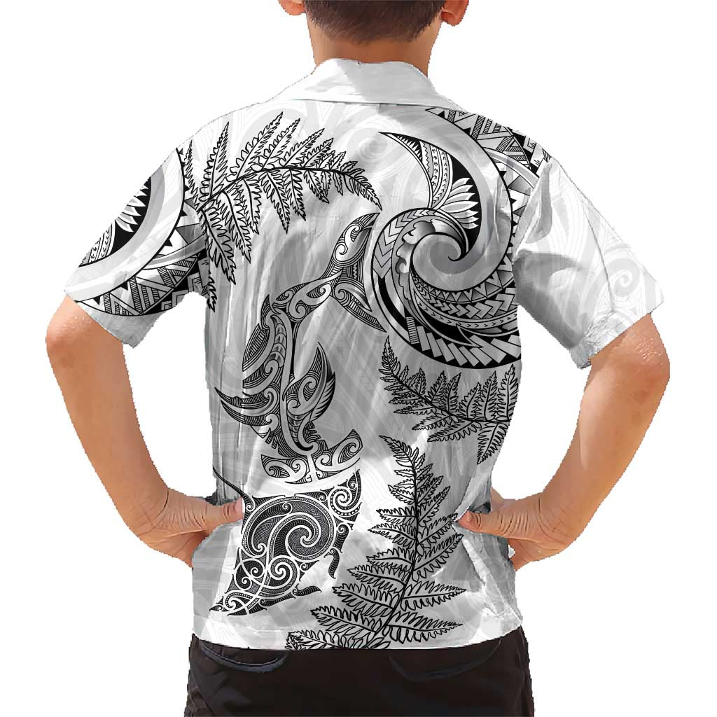 New Zealand Sea Animals with Maori Tribal Tattoo Family Matching Puletasi and Hawaiian Shirt Shark Manta Ray with Silver Fern White LT03 - Polynesian Pride