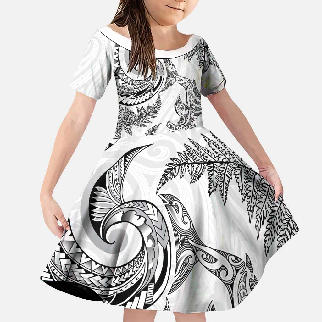 New Zealand Sea Animals with Maori Tribal Tattoo Family Matching Puletasi and Hawaiian Shirt Shark Manta Ray with Silver Fern White LT03 Daughter's Dress White - Polynesian Pride