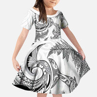New Zealand Sea Animals with Maori Tribal Tattoo Family Matching Puletasi and Hawaiian Shirt Shark Manta Ray with Silver Fern White LT03 Daughter's Dress White - Polynesian Pride