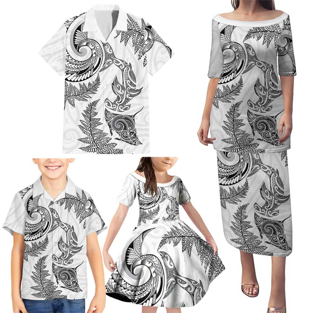 New Zealand Sea Animals with Maori Tribal Tattoo Family Matching Puletasi and Hawaiian Shirt Shark Manta Ray with Silver Fern White LT03 - Polynesian Pride