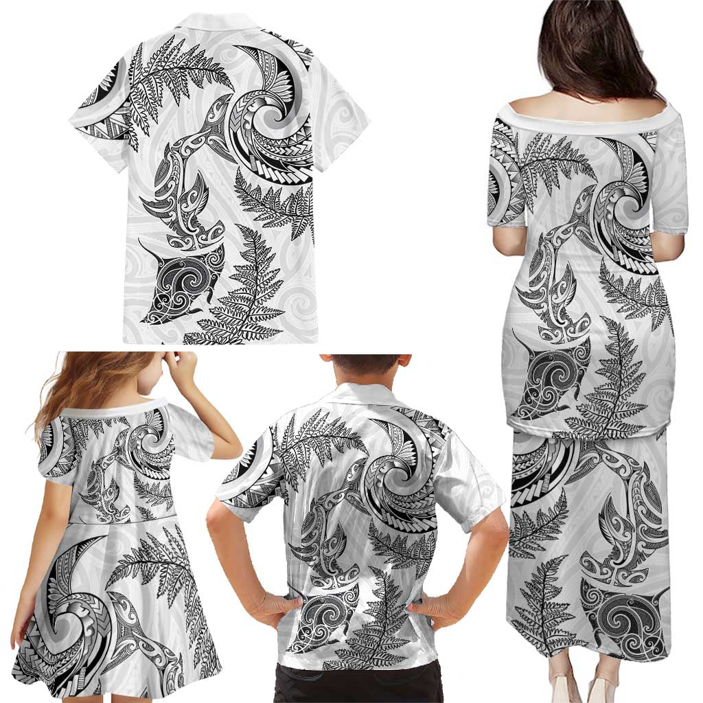 New Zealand Sea Animals with Maori Tribal Tattoo Family Matching Puletasi and Hawaiian Shirt Shark Manta Ray with Silver Fern White LT03 - Polynesian Pride