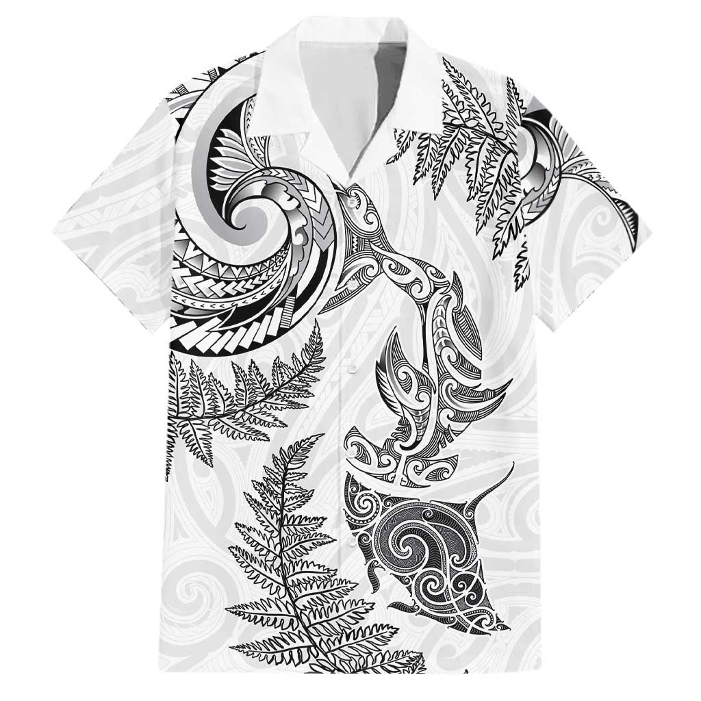 New Zealand Sea Animals with Maori Tribal Tattoo Family Matching Puletasi and Hawaiian Shirt Shark Manta Ray with Silver Fern White LT03 Dad's Shirt - Short Sleeve White - Polynesian Pride