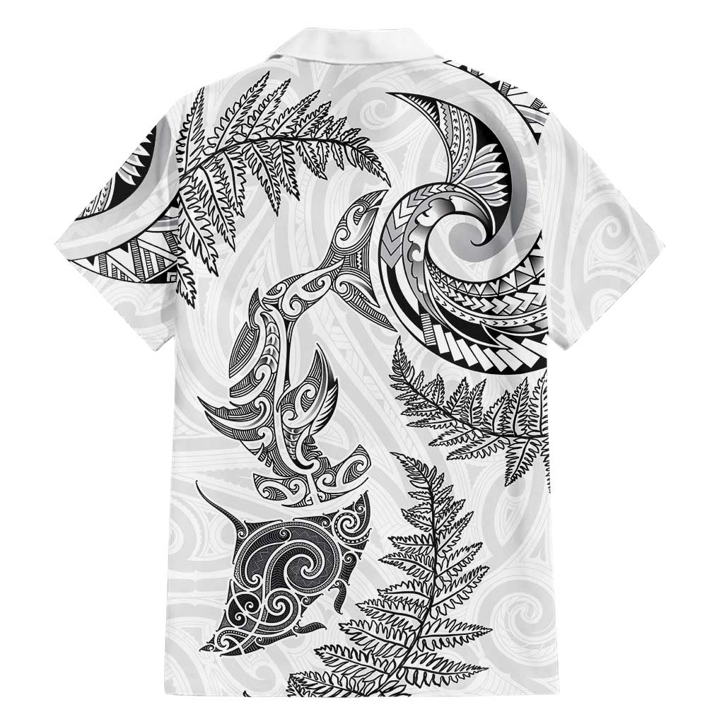 New Zealand Sea Animals with Maori Tribal Tattoo Family Matching Puletasi and Hawaiian Shirt Shark Manta Ray with Silver Fern White LT03 - Polynesian Pride