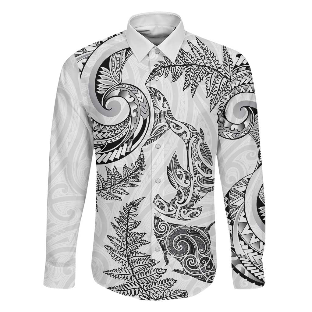New Zealand Sea Animals with Maori Tribal Tattoo Family Matching Puletasi and Hawaiian Shirt Shark Manta Ray with Silver Fern White LT03 Dad's Shirt - Long Sleeve White - Polynesian Pride