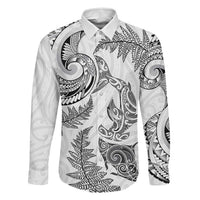 New Zealand Sea Animals with Maori Tribal Tattoo Family Matching Puletasi and Hawaiian Shirt Shark Manta Ray with Silver Fern White LT03 Dad's Shirt - Long Sleeve White - Polynesian Pride