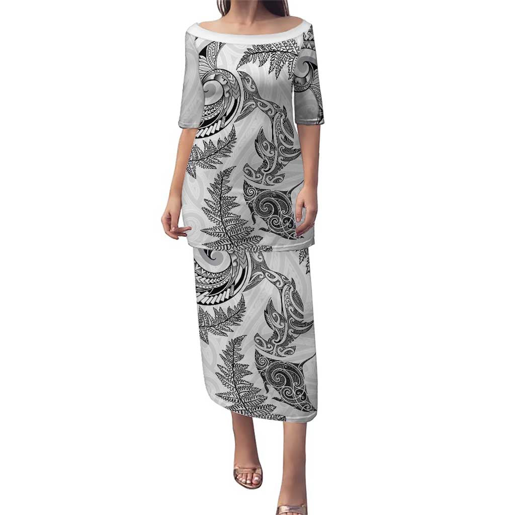 New Zealand Sea Animals with Maori Tribal Tattoo Family Matching Puletasi and Hawaiian Shirt Shark Manta Ray with Silver Fern White LT03 Mom's Dress White - Polynesian Pride