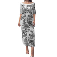 New Zealand Sea Animals with Maori Tribal Tattoo Family Matching Puletasi and Hawaiian Shirt Shark Manta Ray with Silver Fern White LT03 Mom's Dress White - Polynesian Pride