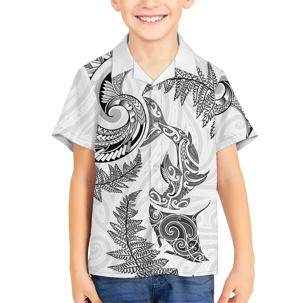 New Zealand Sea Animals with Maori Tribal Tattoo Family Matching Puletasi and Hawaiian Shirt Shark Manta Ray with Silver Fern White LT03 Son's Shirt White - Polynesian Pride