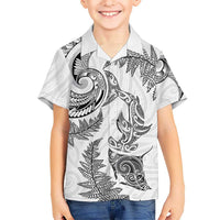 New Zealand Sea Animals with Maori Tribal Tattoo Family Matching Puletasi and Hawaiian Shirt Shark Manta Ray with Silver Fern White LT03 Son's Shirt White - Polynesian Pride