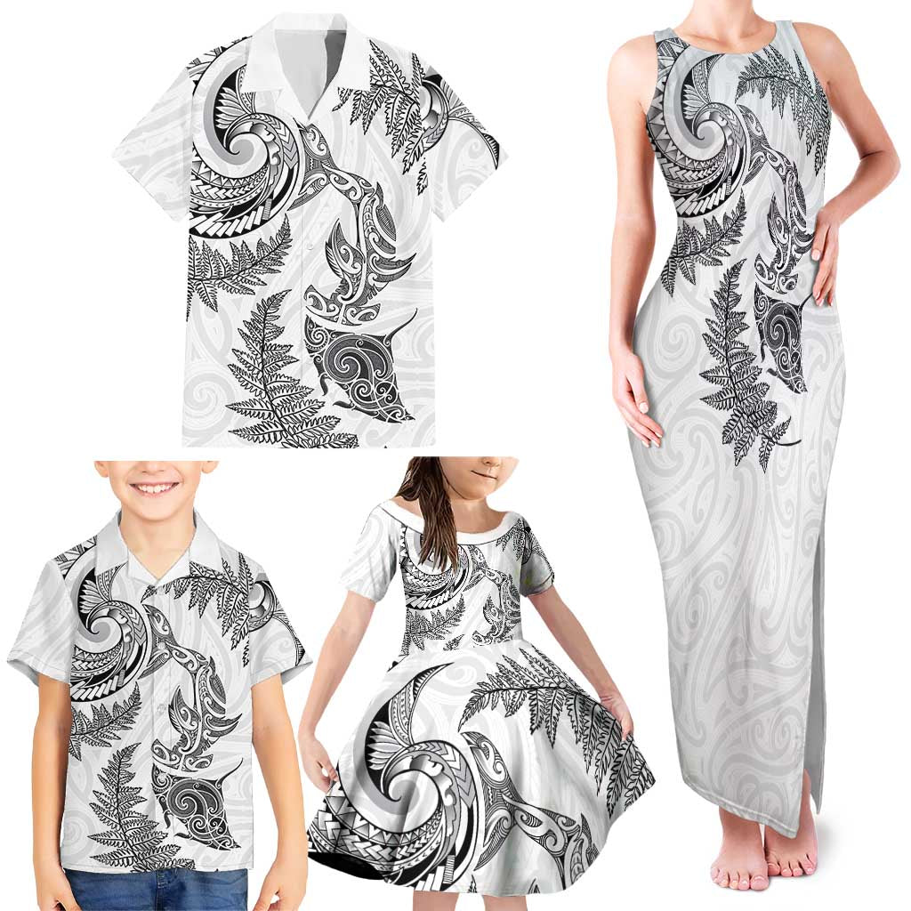 New Zealand Sea Animals with Maori Tribal Tattoo Family Matching Tank Maxi Dress and Hawaiian Shirt Shark Manta Ray with Silver Fern White LT03 - Polynesian Pride