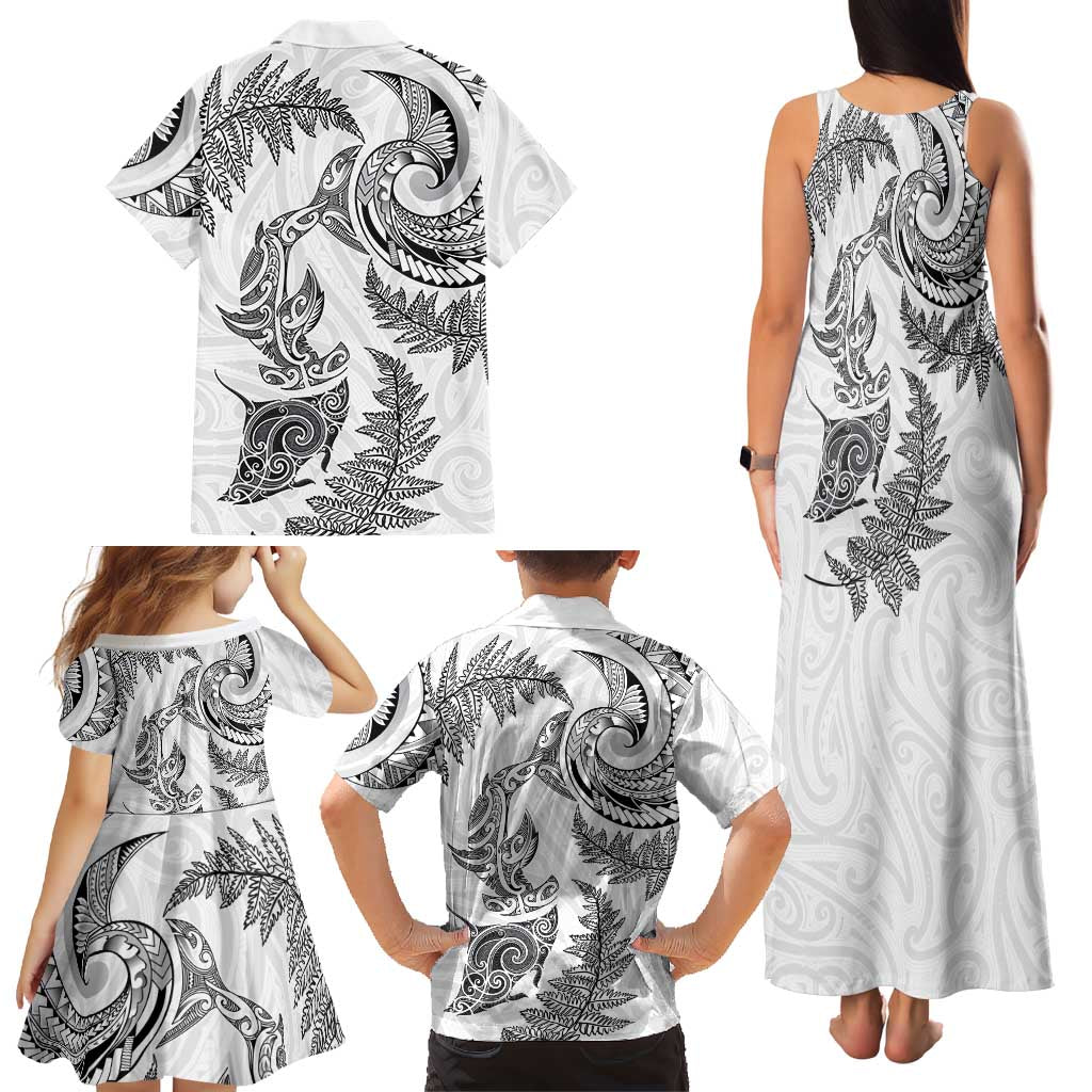 New Zealand Sea Animals with Maori Tribal Tattoo Family Matching Tank Maxi Dress and Hawaiian Shirt Shark Manta Ray with Silver Fern White LT03 - Polynesian Pride