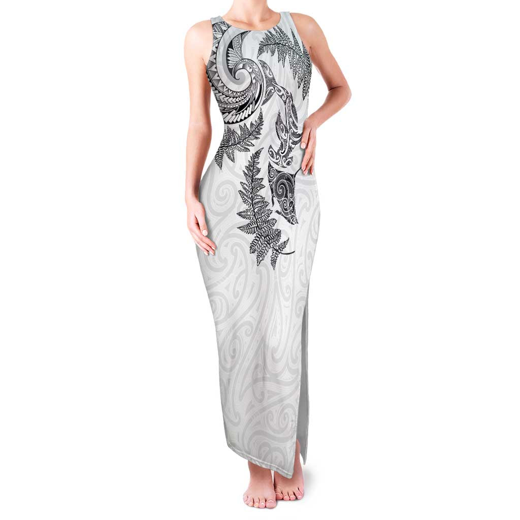 New Zealand Sea Animals with Maori Tribal Tattoo Family Matching Tank Maxi Dress and Hawaiian Shirt Shark Manta Ray with Silver Fern White LT03 Mom's Dress White - Polynesian Pride