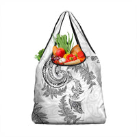 New Zealand Sea Animals with Maori Tribal Tattoo Grocery Bag Shark Manta Ray with Silver Fern White