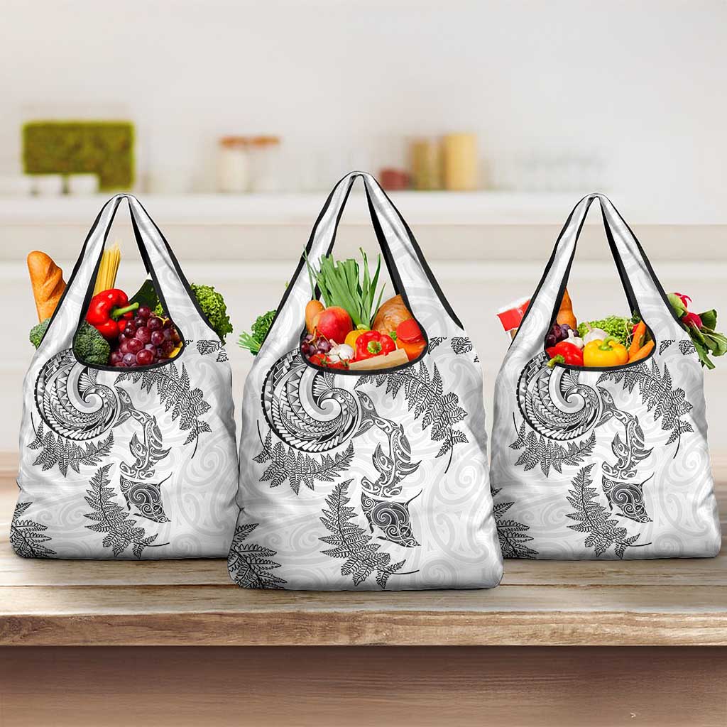 New Zealand Sea Animals with Maori Tribal Tattoo Grocery Bag Shark Manta Ray with Silver Fern White