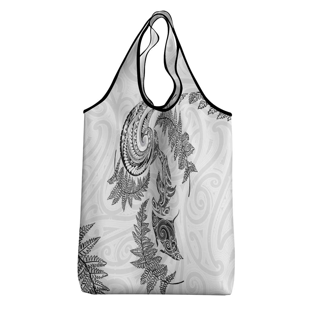 New Zealand Sea Animals with Maori Tribal Tattoo Grocery Bag Shark Manta Ray with Silver Fern White