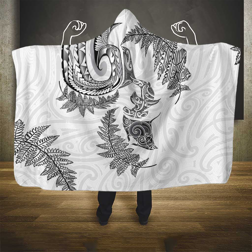 New Zealand Sea Animals with Maori Tribal Tattoo Hooded Blanket Shark Manta Ray with Silver Fern White
