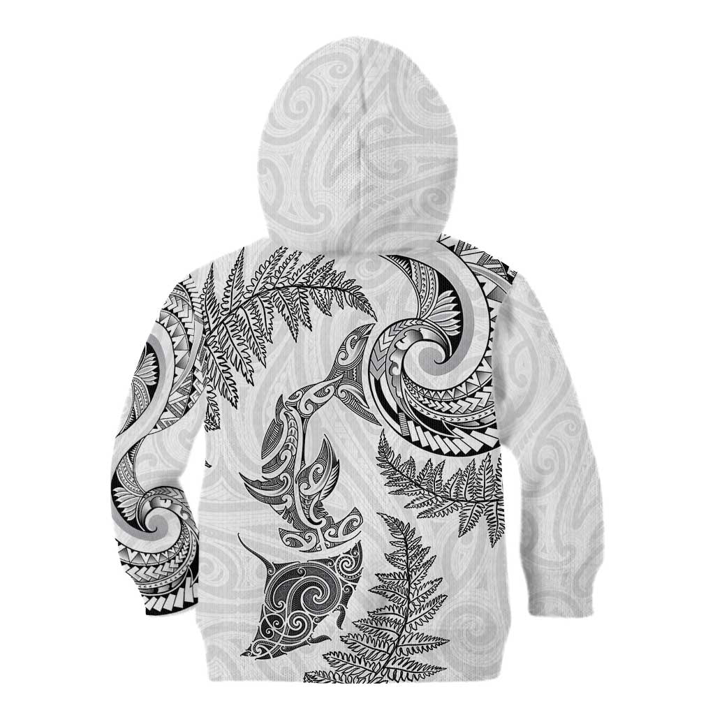 New Zealand Sea Animals with Maori Tribal Tattoo Kid Hoodie Shark Manta Ray with Silver Fern White
